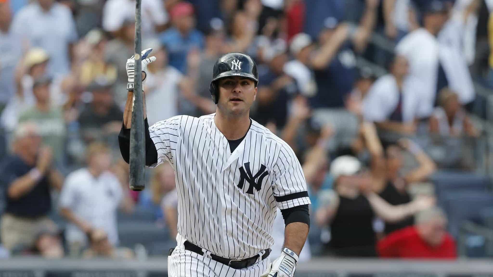 NEW YORK, NEW YORK - SEPTEMBER 01: Mike Ford #36 of the New York Yankees reacts after his ninth inning pinch hit game winning home run against the Oakland Athletics at Yankee Stadium on September 01, 2019 in New York City.