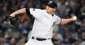NEW YORK, NEW YORK - OCTOBER 15: Zack Britton #53 of the New York Yankees pitches during the seventh inning against the Houston Astros in game three of the American League Championship Series at Yankee Stadium on October 15, 2019 in New York City.