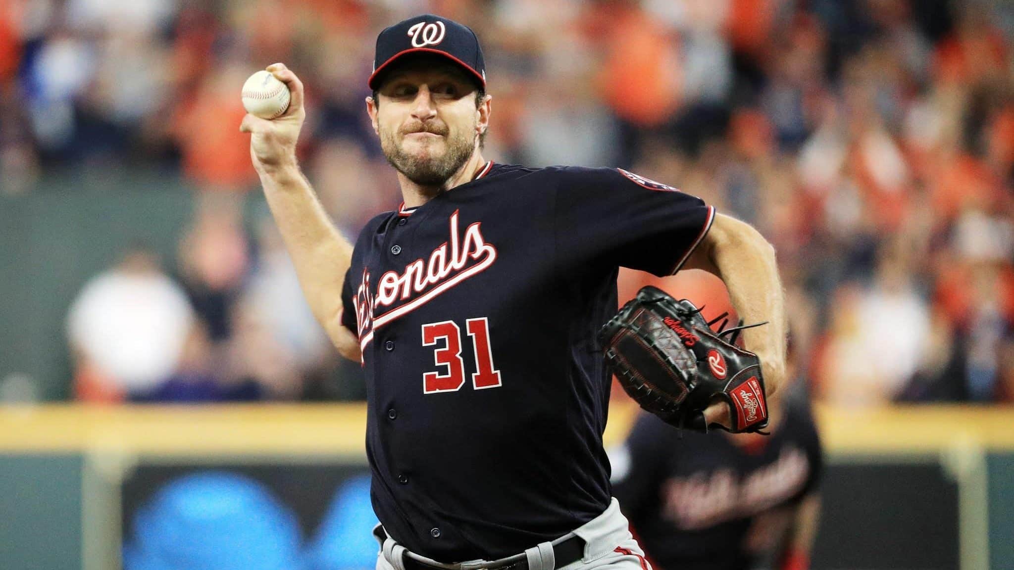 HOUSTON, TEXAS - OCTOBER 30: Max Scherzer #31 of the Washington Nationals delivers the pitch against the Houston Astros during the second inning in Game Seven of the 2019 World Series at Minute Maid Park on October 30, 2019 in Houston, Texas.