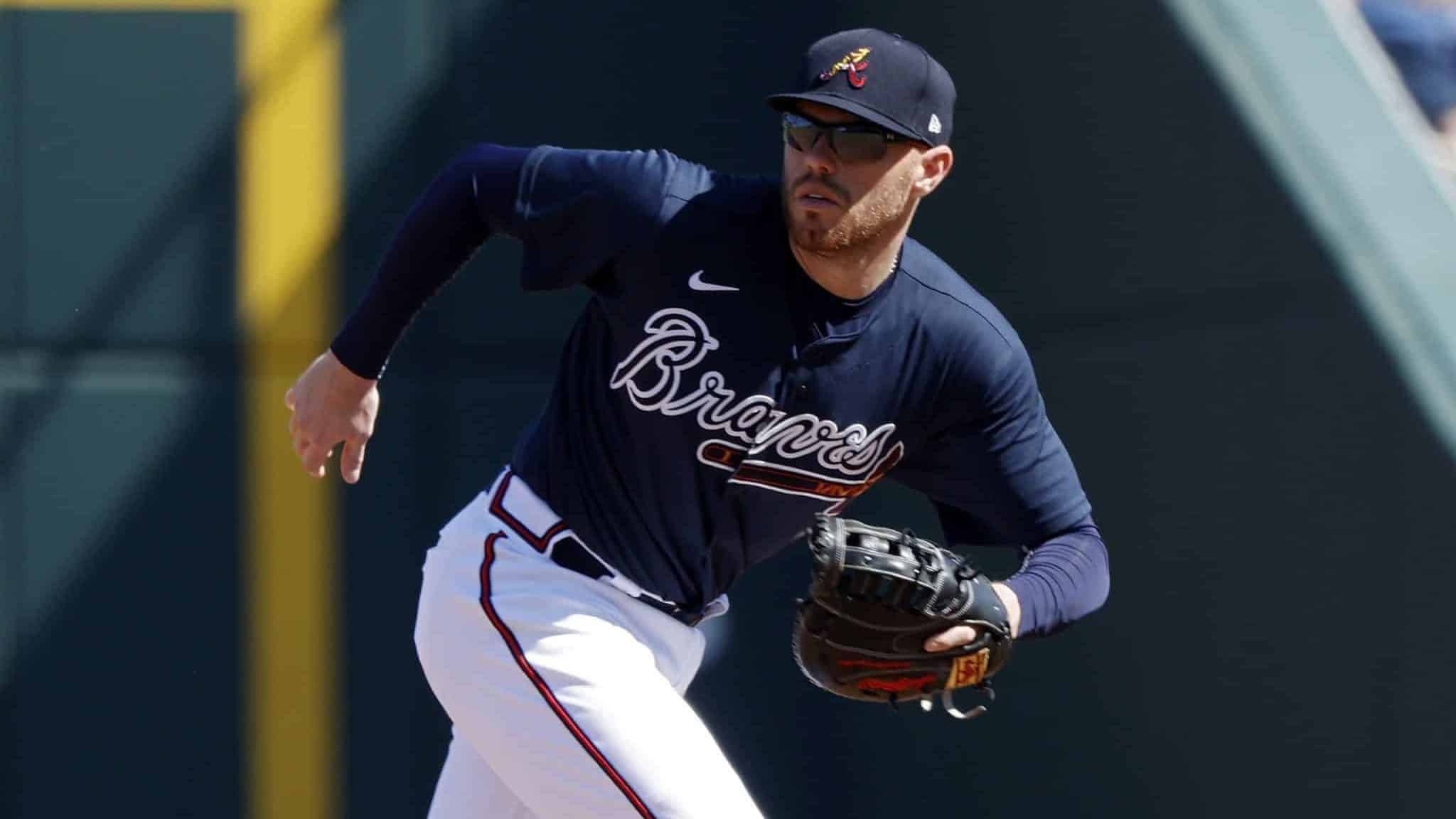 NORTH PORT, FL - FEBRUARY 22: Freddie Freeman #5 of the Atlanta Braves plays defense at first base in the third inning of a Grapefruit League spring training game against the Baltimore Orioles at CoolToday Park on February 22, 2020 in North Port, Florida. The Braves defeated the Orioles 5-0. New York Mets