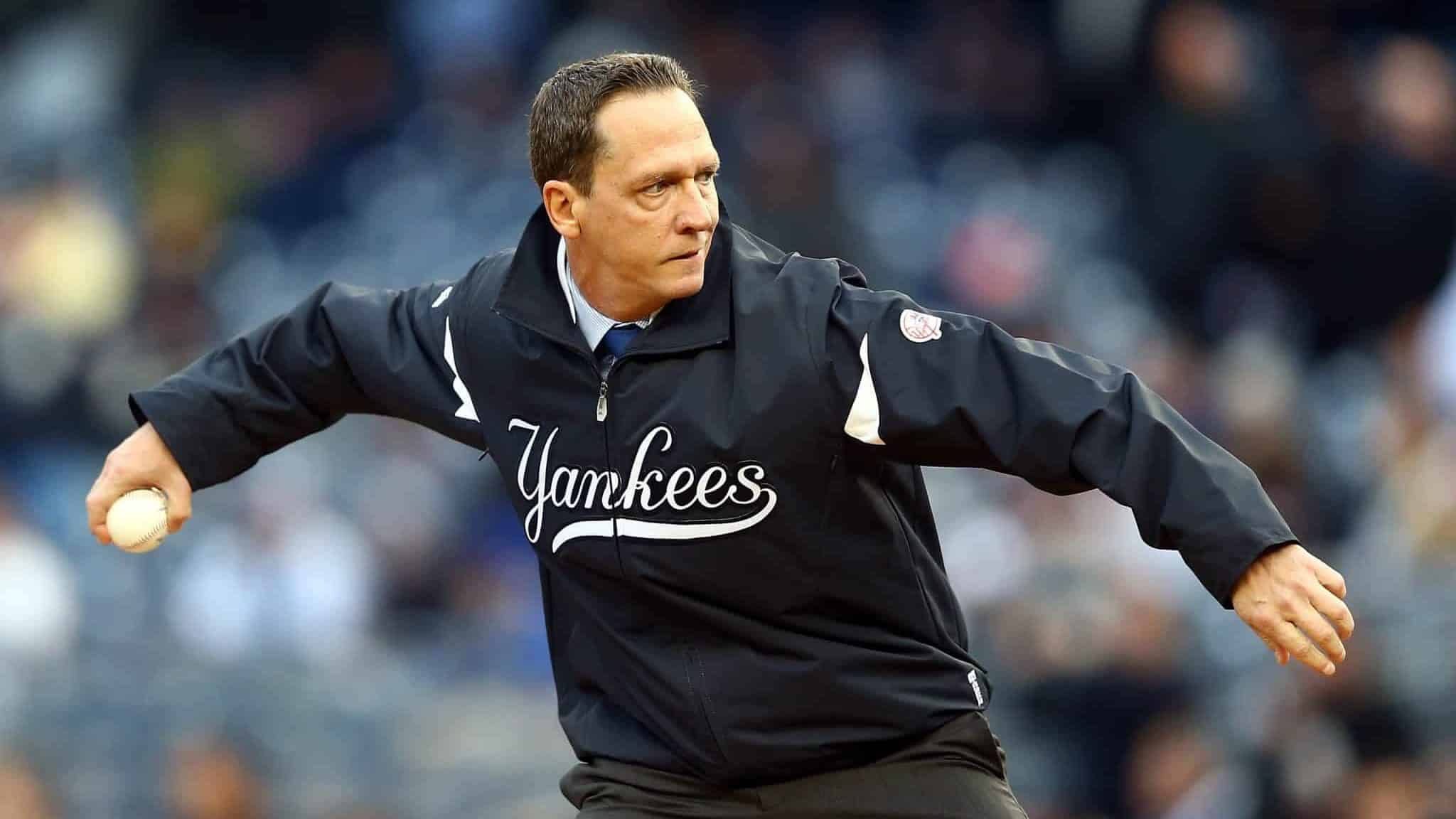 NEW YORK, NY - OCTOBER 12: Former New York Yankees David Cone throws out the first pitch prior to Game Five of the American League Division Series against the Baltimore Orioles at Yankee Stadium on October 12, 2012 in New York, New York.