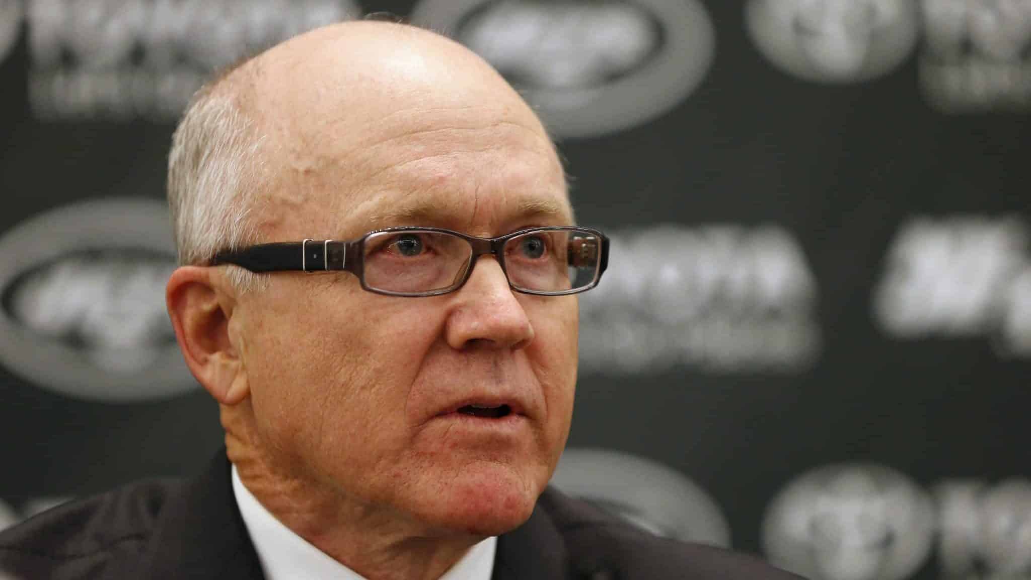 FLORHAM PARK, NJ - JANUARY 21: Woody Johnson, owner of the New York Jets addresses the media during a press conference to introduce new general manager Mike Maccagnan and head cowch Todd Bowles on January 21, 2015 in Florham Park, New Jersey.
