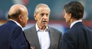 NEW YORK, NY - OCTOBER 13: (L-R) Chief Executive Officer Saul Katz, Owner Fred Wilpon and Chief Operating Officer Jeff Wilpon of the New York Mets talk prior to game four of the National League Division Series against the Los Angeles Dodgers at Citi Field on October 13, 2015 in New York City.