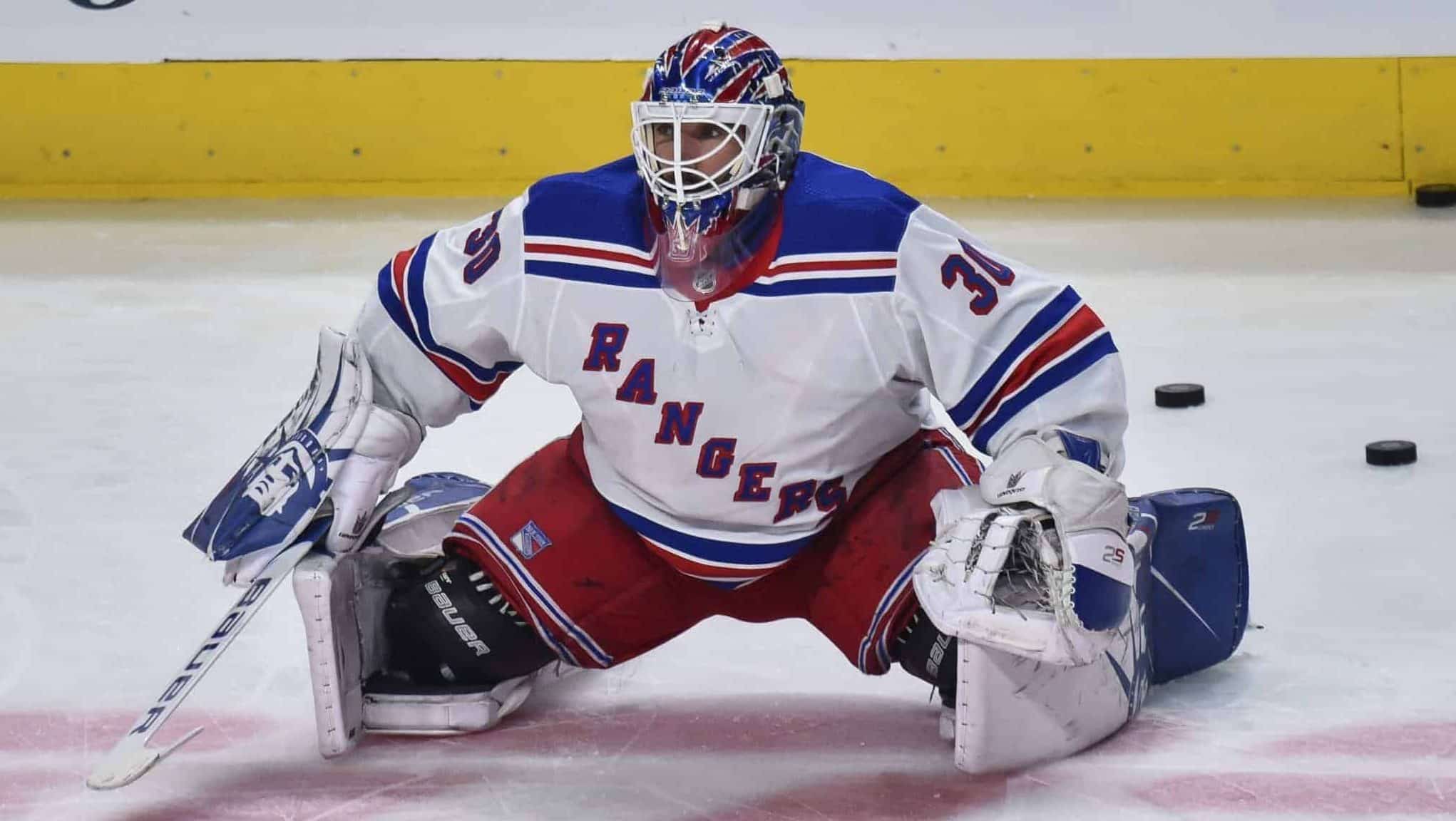 MONTREAL, QC - FEBRUARY 27: Goaltender Henrik Lundqvist #30 of the New York Rangers stretches during the warm-up prior to the game against the Montreal Canadiens at the Bell Centre on February 27, 2020 in Montreal, Canada. The New York Rangers defeated the Montreal Canadiens 5-2.