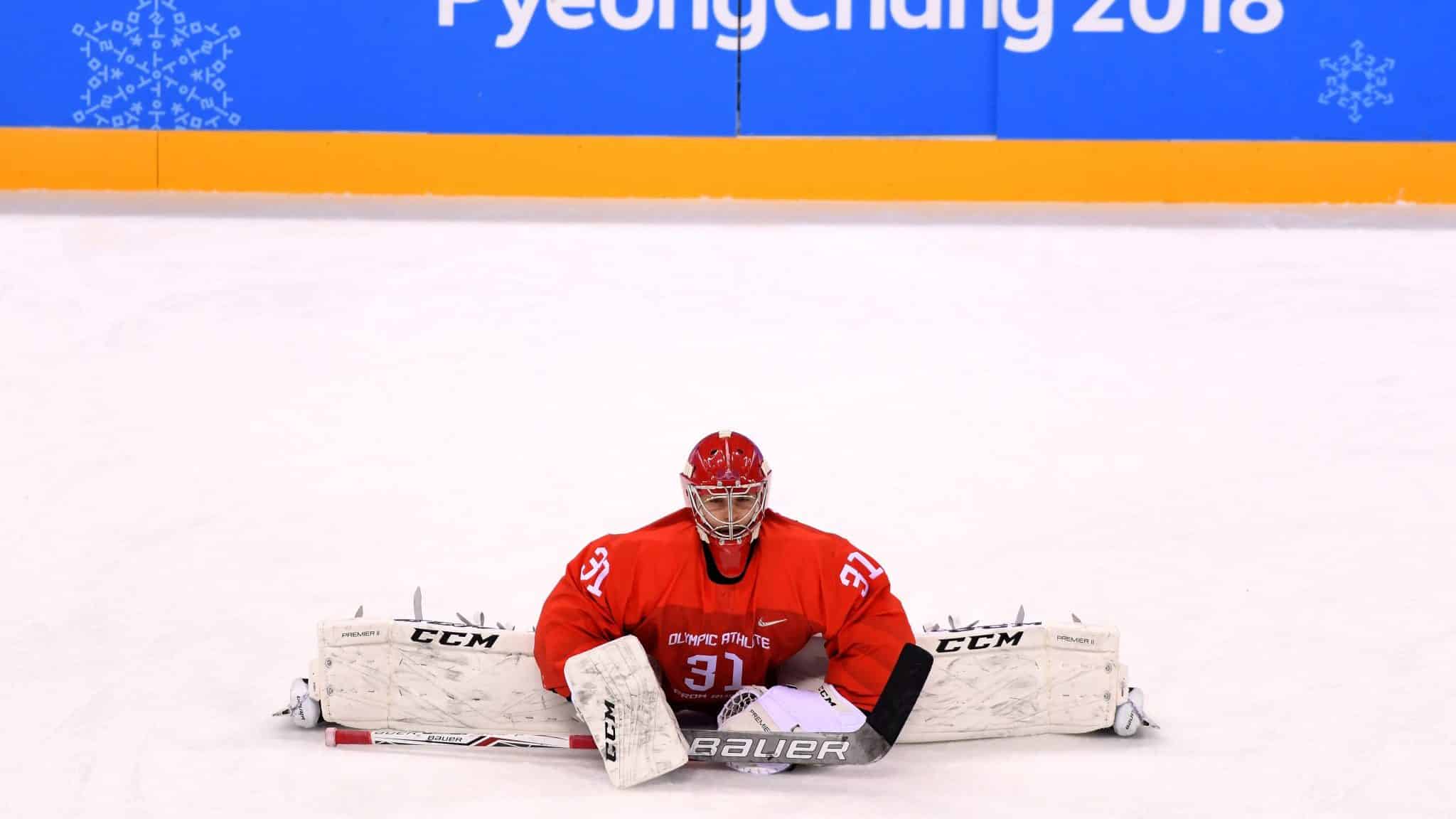 GANGNEUNG, SOUTH KOREA - FEBRUARY 25: Ilya Sorokin #31 of Olympic Athlete from Russia warms up before the Men's Ice Hockey Gold Medal Game against Germany on day sixteen of the PyeongChang 2018 Winter Olympic Games at Gangneung Hockey Centre on February 25, 2018 in Gangneung, South Korea.