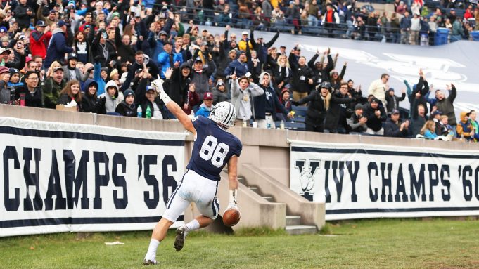 NEW HAVEN, CT - NOVEMBER 18: JP Shohfi #88 of the Yale Bulldogs reacts after scoring a touchdown in the first half of a game against the Harvard Crimson at the Yale Bowl on November 18, 2017 in New H
