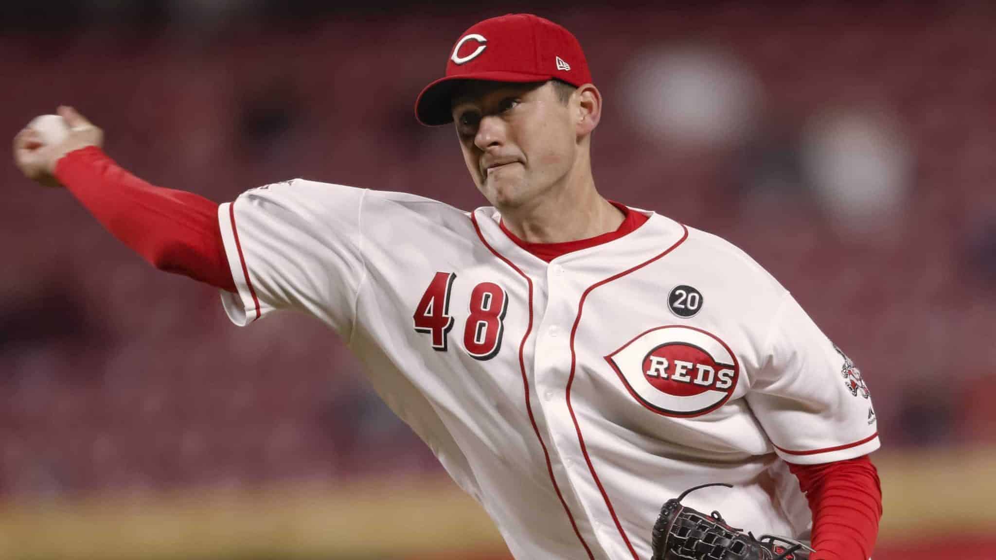 CINCINNATI, OH - APRIL 10: Jared Hughes #48 of the Cincinnati Reds pitches during the sixth inning of the game against the Miami Marlins at Great American Ball Park on April10, 2019 in Cincinnati, Ohio.