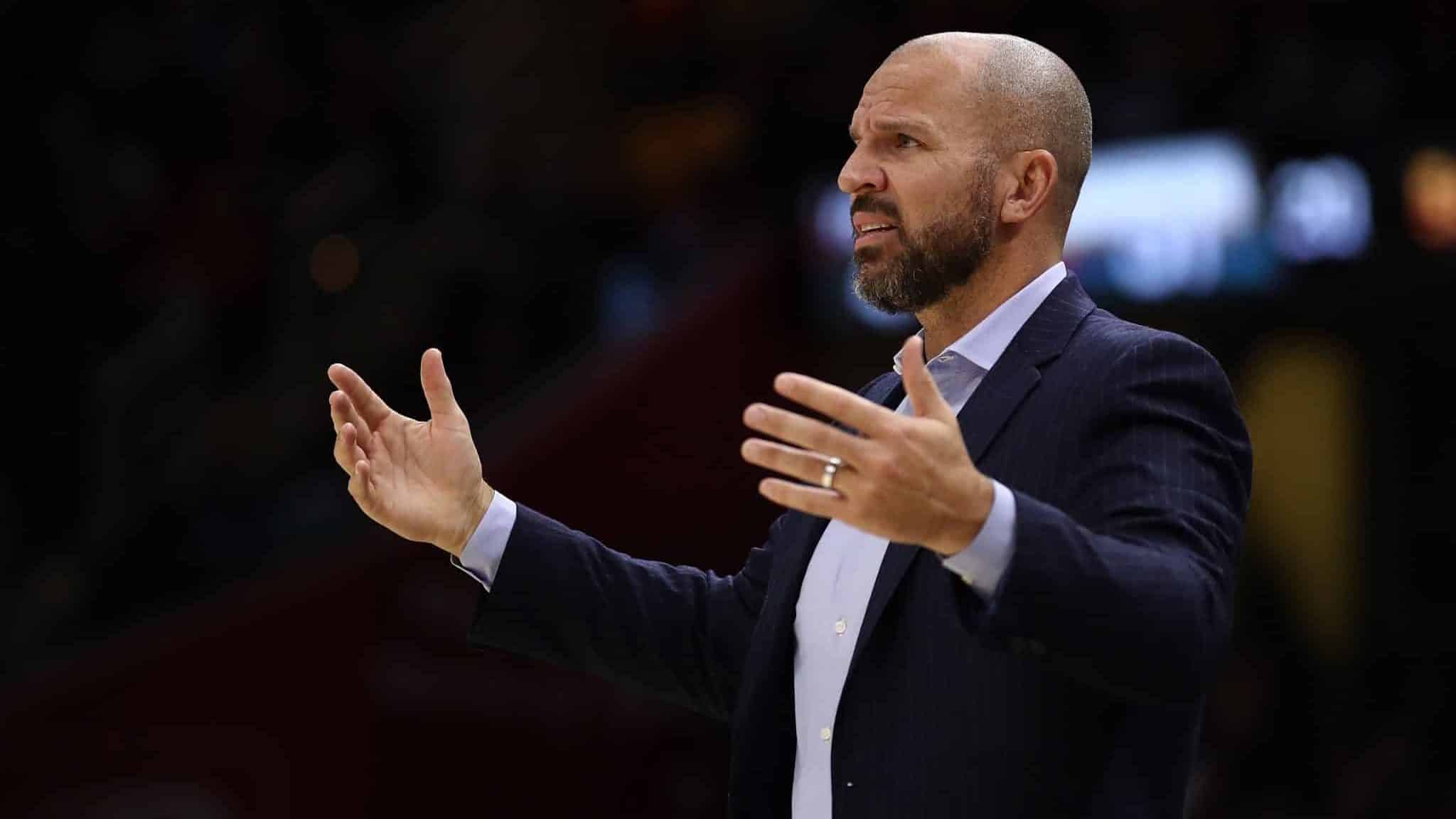CLEVELAND, OH - NOVEMBER 07: Head coach Jason Kidd of the Milwaukee Bucks looks on from the bench while playing the Cleveland Cavaliers at Quicken Loans Arena on November 7, 2017 in Cleveland, Ohio. Cleveland won the game 124-119. NOTE TO USER: User expressly acknowledges and agrees that, by downloading and or using this photograph, User is consenting to the terms and conditions of the Getty Images License Agreement.