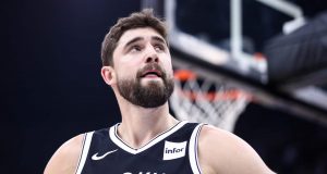 SHENZHEN, CHINA - OCTOBER 12: Joe Harris #12 of the Brooklyn Nets looks on during the match against the Los Angeles Lakers during a preseason game as part of 2019 NBA Global Games China at Shenzhen Universiade Center on October 12, 2019 in Shenzhen, Guangdong, China.