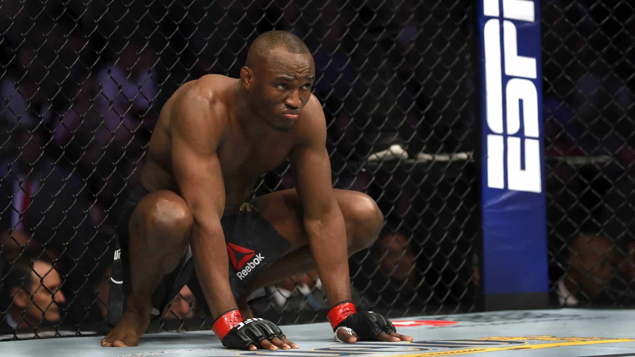 LAS VEGAS, NEVADA - DECEMBER 14: UFC welterweight champion Kamaru Usman prepares for his title defense against Colby Covington during UFC 245 at T-Mobile Arena on December 14, 2019 in Las Vegas, Nevada. Usman retained his title with a fifth-round TKO.