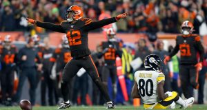 CLEVELAND, OH - NOVEMBER 14: Morgan Burnett #42 of the Cleveland Browns celebrates after breaking up a pass intended for Johnny Holton #80 of the Pittsburgh Steelers during the second quarter at FirstEnergy Stadium on November 14, 2019 in Cleveland, Ohio.