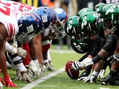 EAST RUTHERFORD, NEW JERSEY - NOVEMBER 10: The New York Giants line up against the New York Jets during their game at MetLife Stadium on November 10, 2019 in East Rutherford, New Jersey.