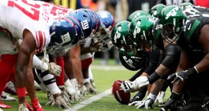 EAST RUTHERFORD, NEW JERSEY - NOVEMBER 10: The New York Giants line up against the New York Jets during their game at MetLife Stadium on November 10, 2019 in East Rutherford, New Jersey.