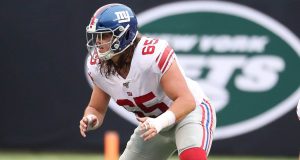 EAST RUTHERFORD, NEW JERSEY - NOVEMBER 10: Nick Gates #65 of the New York Giants in action against the New York Jets during their game at MetLife Stadium on November 10, 2019 in East Rutherford, New Jersey.