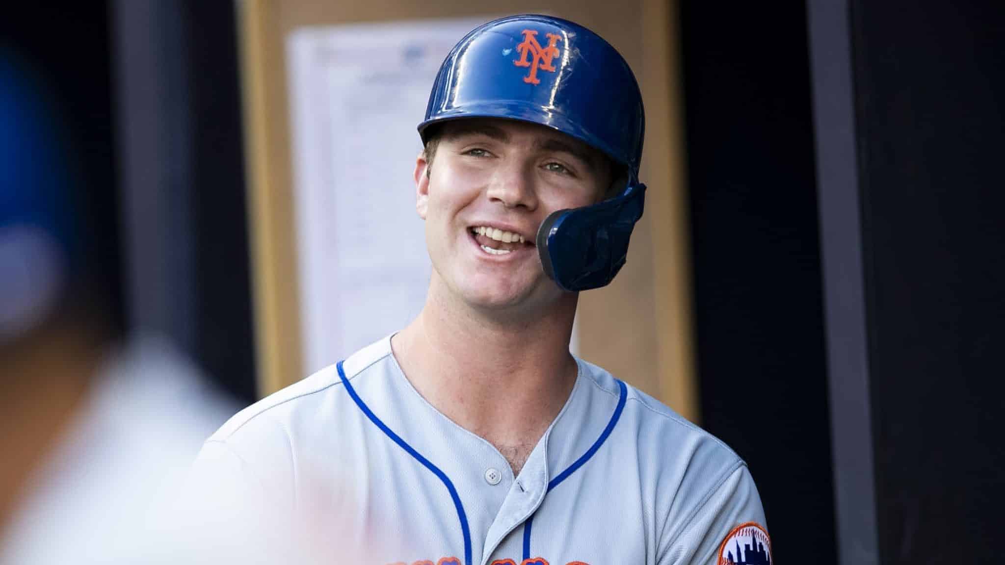 ATLANTA, GA - AUGUST 15: Pete Alonso #20 of the New York Mets looks on in the first inning during the game against the Atlanta Braves at SunTrust Park on August 15, 2019 in Atlanta, Georgia.