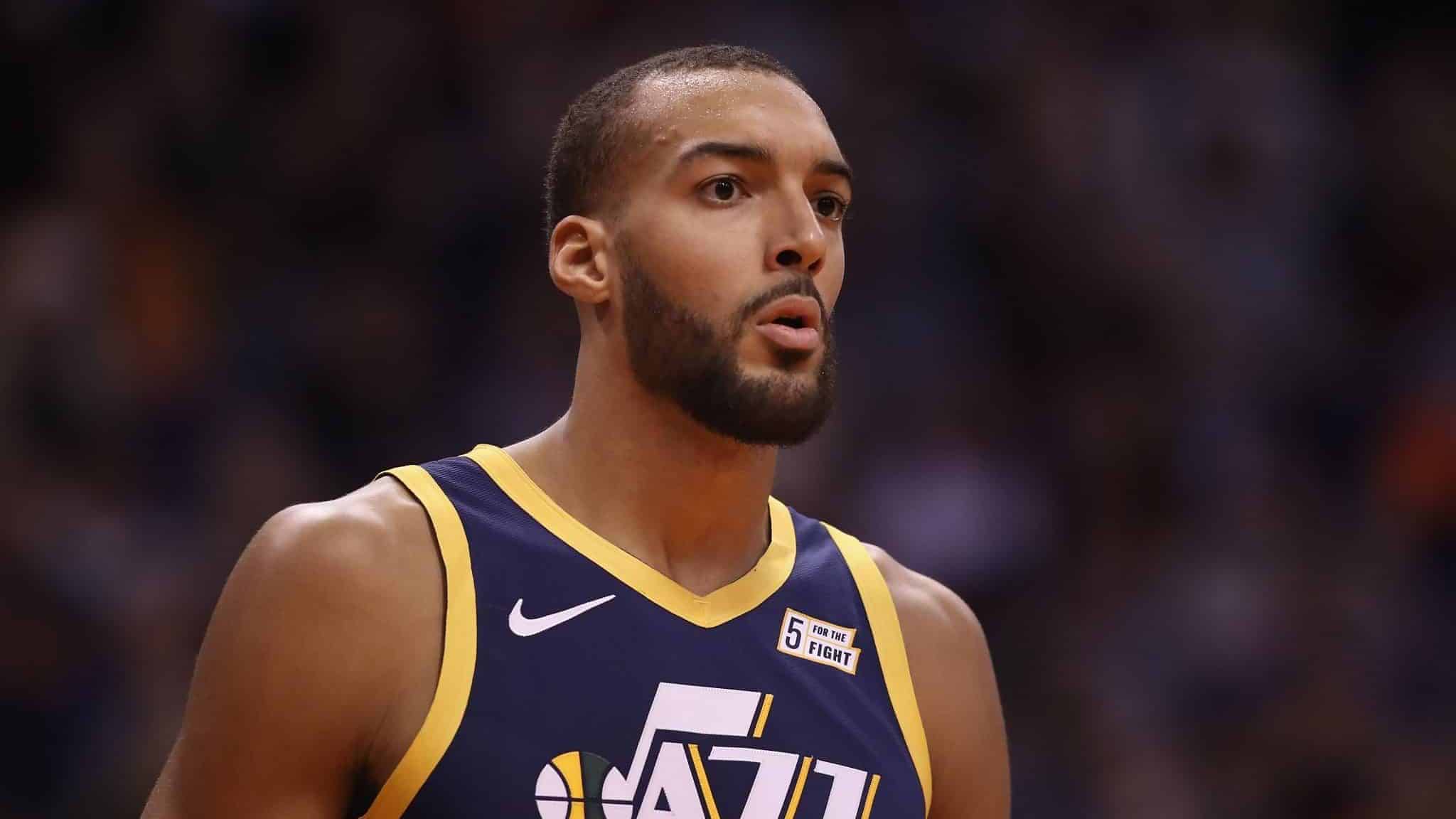 PHOENIX, ARIZONA - OCTOBER 28: Rudy Gobert #27 of the Utah Jazz reacts during the first half of the NBA game against the Phoenix Suns at Talking Stick Resort Arena on October 28, 2019 in Phoenix, Arizona. NOTE TO USER: User expressly acknowledges and agrees that, by downloading and/or using this photograph, user is consenting to the terms and conditions of the Getty Images License Agreement