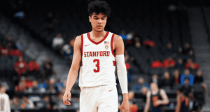LAS VEGAS, NV - MARCH 11: Stanford Cardinal guard Tyrell Terry (3) looks on dejected during the first round game of the men's Pac-12 Tournament between the Stanford Cardinal and the California Bears on March 11, 2020, at the T-Mobile Arena in Las Vegas, NV.