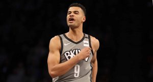 NEW YORK, NEW YORK - JANUARY 20: Timothe Luwawu-Cabarrot #9 of the Brooklyn Nets celebrates his three point shot in the second quarter against the Philadelphia 76erPhiladelphia 76ersat Barclays Center on January 20, 2020 in New York City.NOTE TO USER: User expressly acknowledges and agrees that, by downloading and or using this photograph, User is consenting to the terms and conditions of the Getty Images License Agreement.