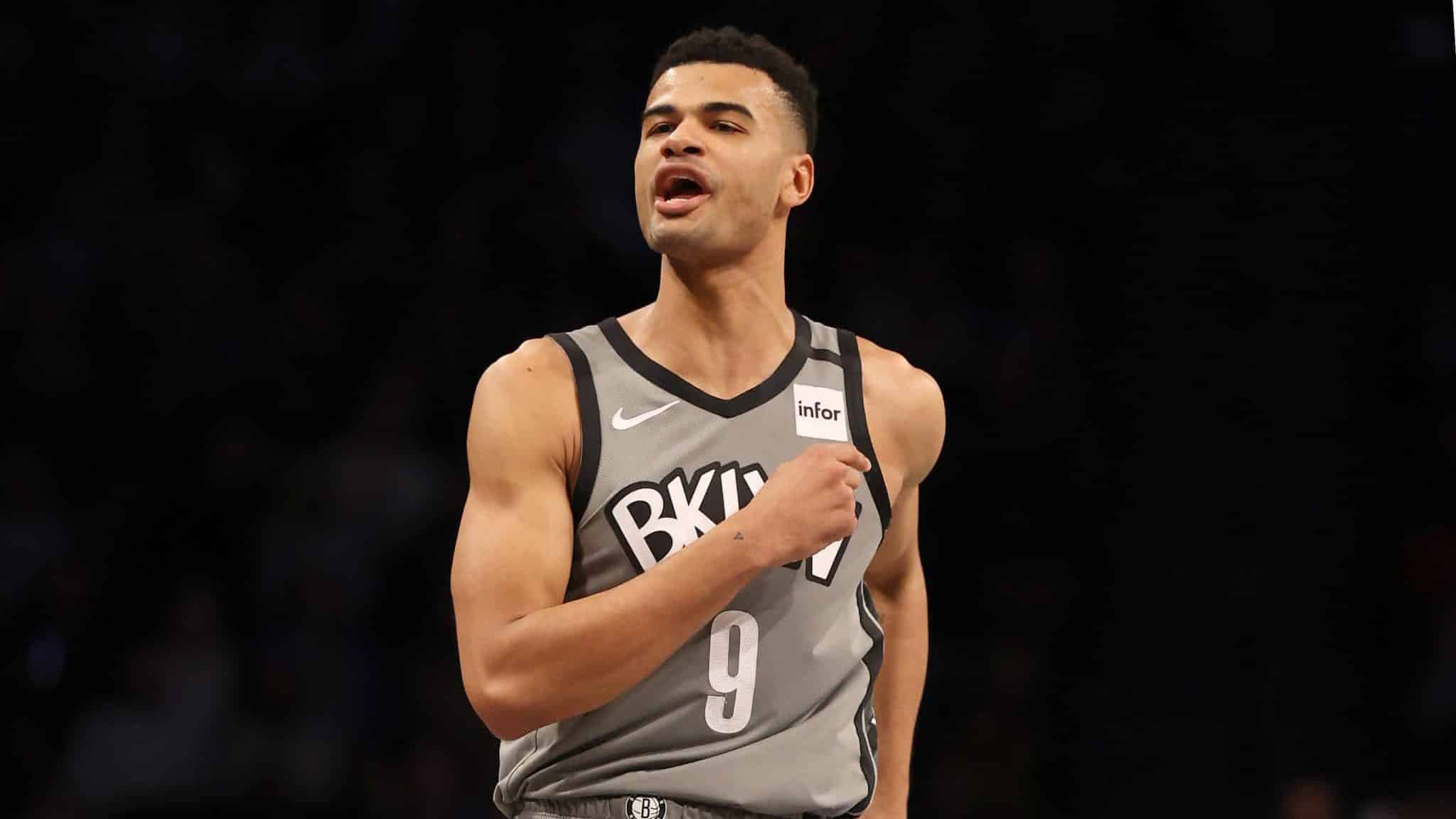 NEW YORK, NEW YORK - JANUARY 20: Timothe Luwawu-Cabarrot #9 of the Brooklyn Nets celebrates his three point shot in the second quarter against the Philadelphia 76erPhiladelphia 76ersat Barclays Center on January 20, 2020 in New York City.NOTE TO USER: User expressly acknowledges and agrees that, by downloading and or using this photograph, User is consenting to the terms and conditions of the Getty Images License Agreement.