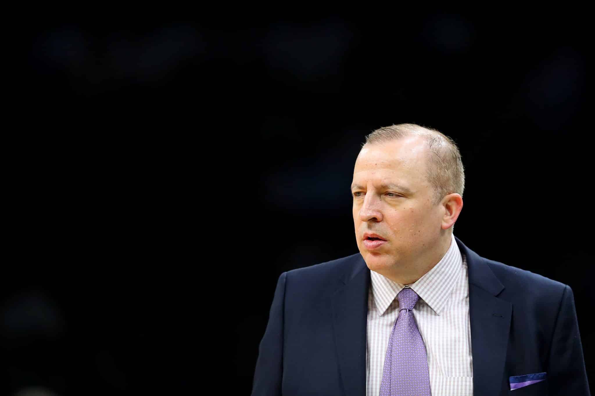 BOSTON, MASSACHUSETTS - JANUARY 02: Tom Thibodeau of the Minnesota Timberwolves looks on during the game against the Boston Celtics at TD Garden on January 02, 2019 in Boston, Massachusetts. NOTE TO USER: User expressly acknowledges and agrees that, by downloading and or using this photograph, User is consenting to the terms and conditions of the Getty Images License Agreement.