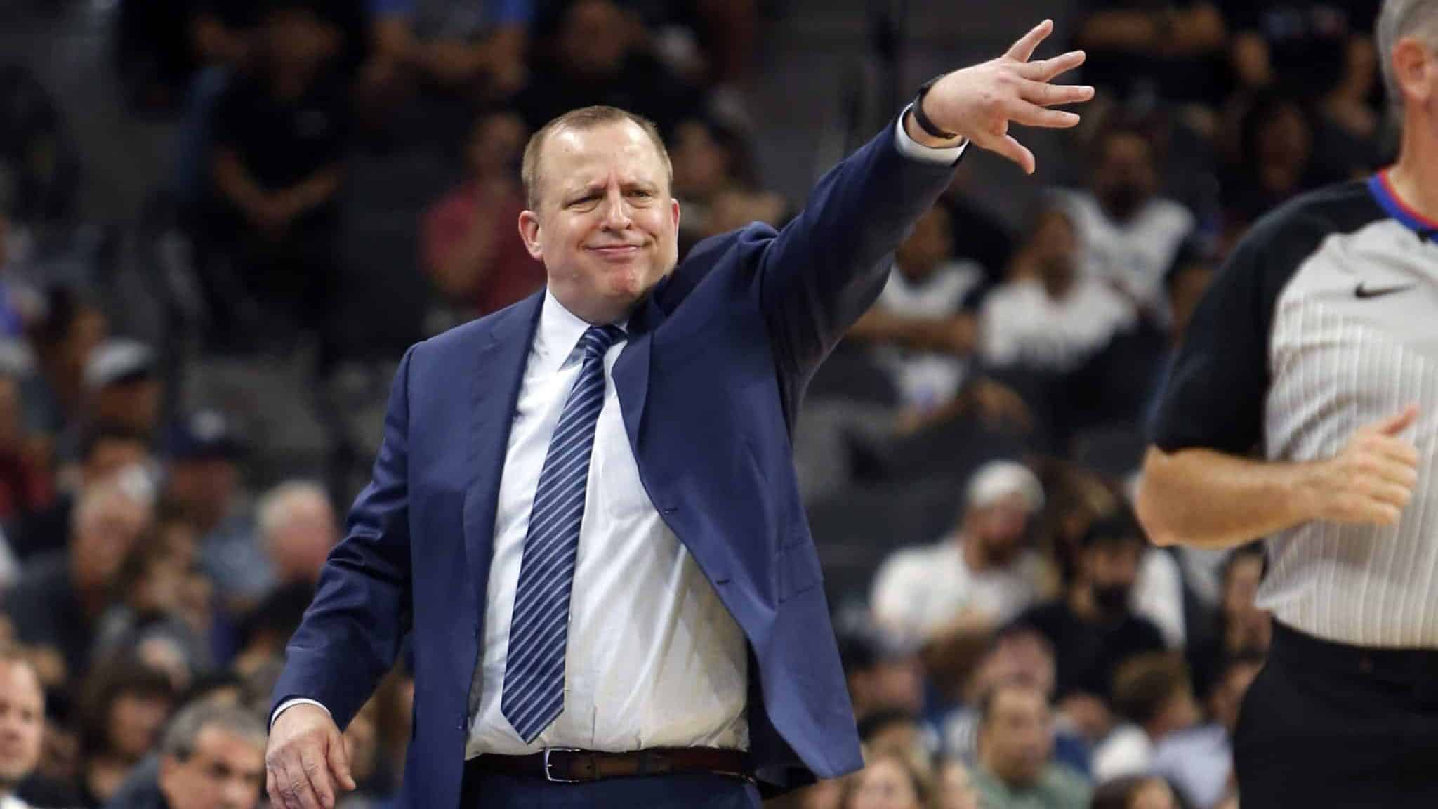 SAN ANTONIO,TX - OCTOBER 18: Minnesota Timberwolves Tom Thibodeau shows his displeasure with the official during game against the San Antonio Spurs at AT&T Center on October 18, 2017 in San Antonio, Texas. NOTE TO USER: User expressly acknowledges and agrees that , by downloading and or using this photograph, User is consenting to the terms and conditions of the Getty Images License Agreement.