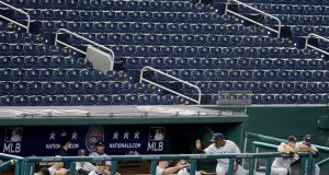 WASHINGTON, DC - JULY 23: The New York Yankees dugout reacts during the fourth inning in the game against the Washington Nationals at Nationals Park on July 23, 2020 in Washington, DC.