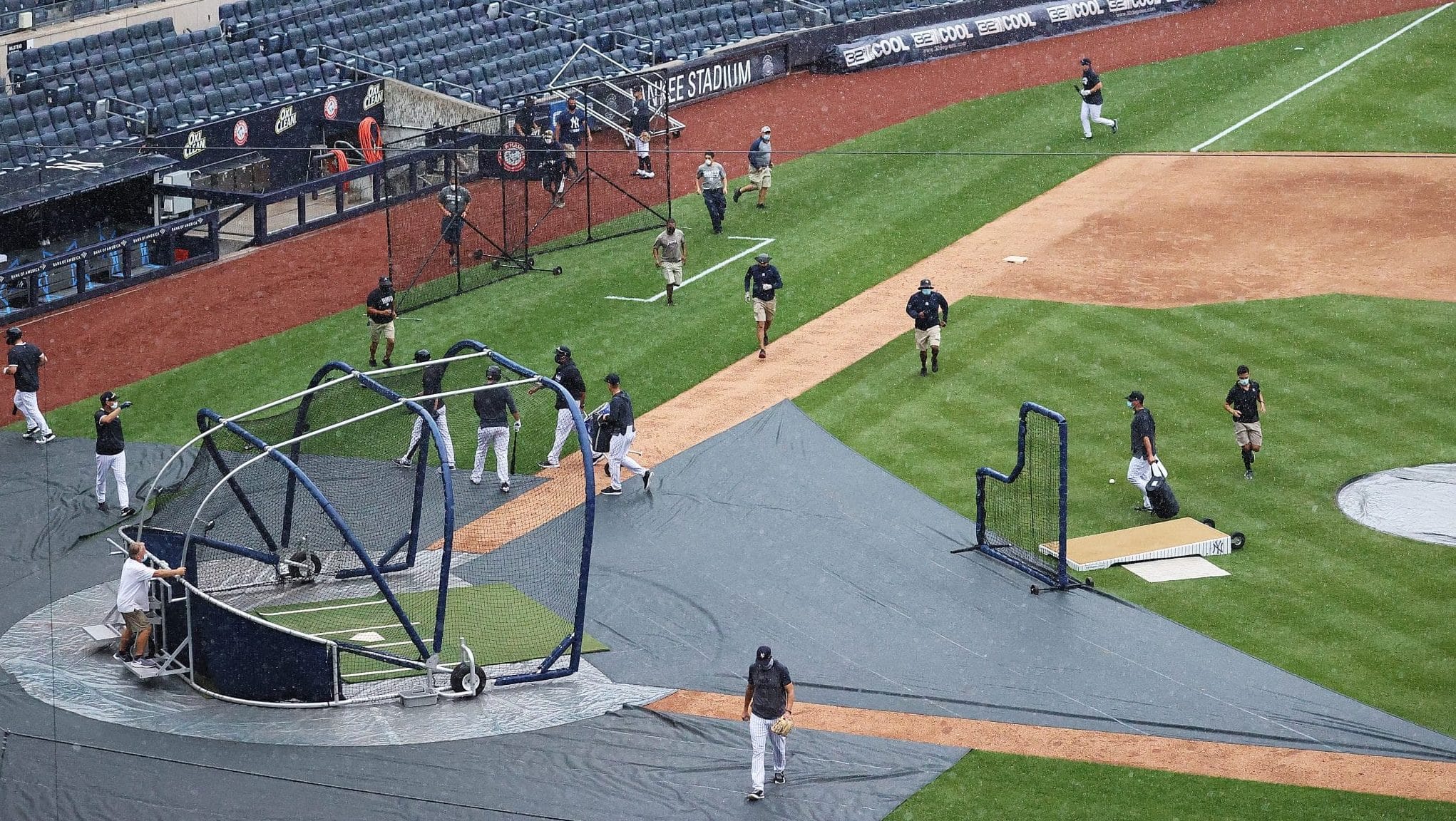 NEW YORK, NEW YORK - JULY 08: Practice is halted due to rain during New York Yankees summer workouts at Yankee Stadium on July 08, 2020 in the Bronx borough of New York City.