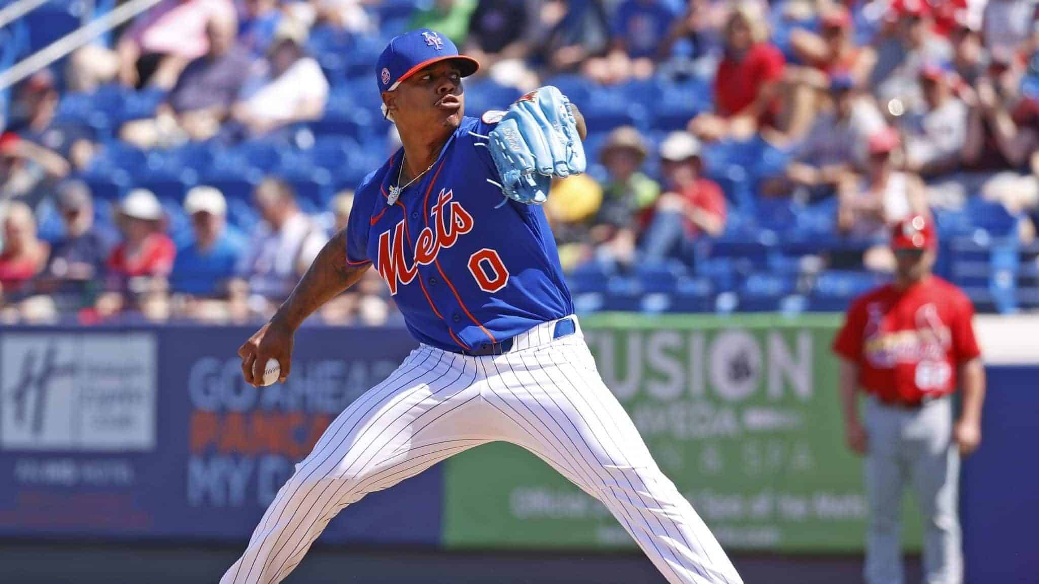 PORT ST LUCIE, FL - MARCH 4: Marcus Stroman #0 of the New York Mets throws the ball against the St Louis Cardinals during a spring training game at Clover Park on March 4, 2020 in Port St. Lucie, Florida.