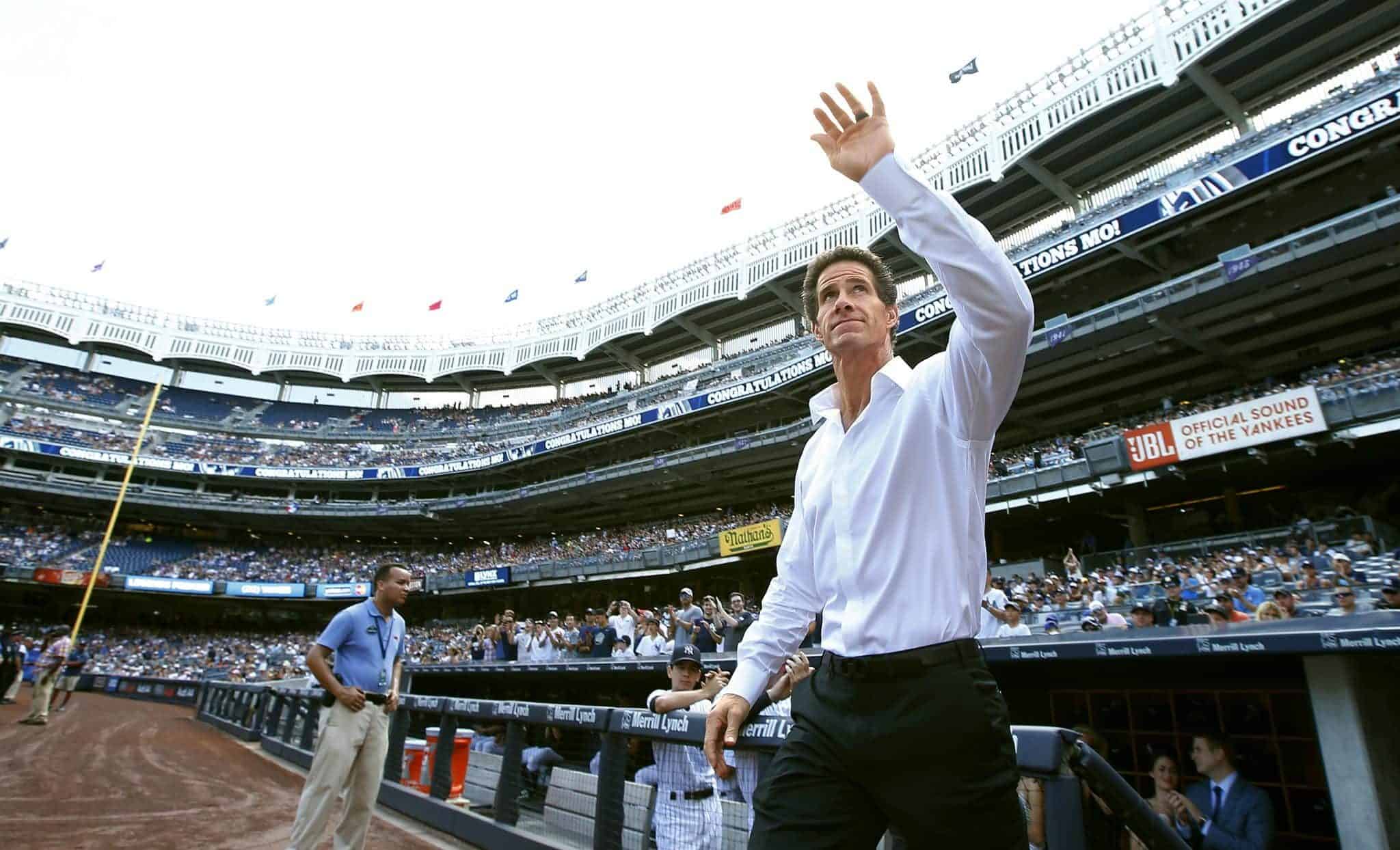 NEW YORK, NY - AUGUST 14: Former New York Yankee Paul O'Neil waves as he is introduced during a ceremony honoring Mariano Rivera before a game between the Tampa Bay Rays and the New York Yankees at Yankee Stadium on August 14, in the Bronx borough of New York City.