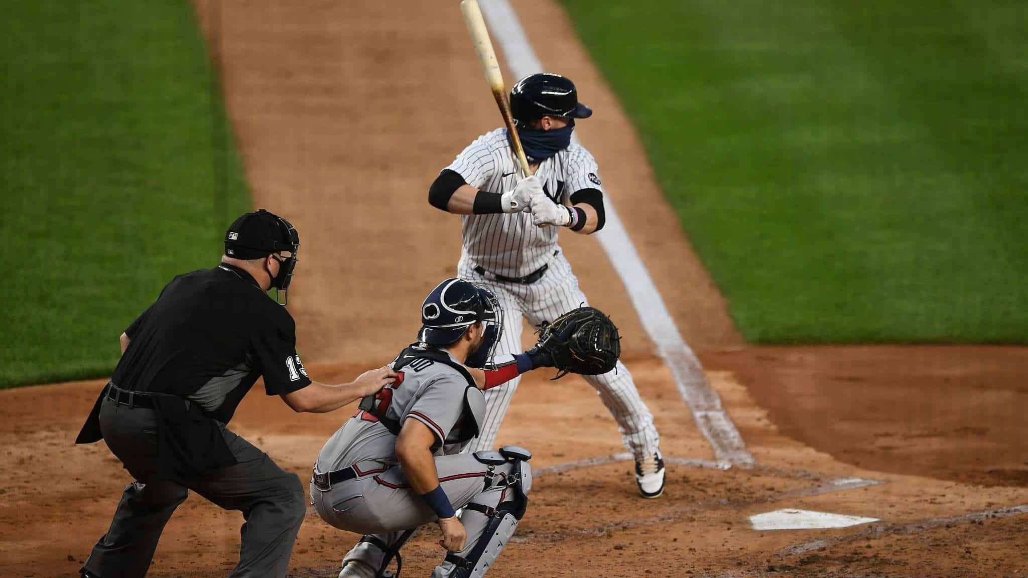 NEW YORK, NEW YORK - AUGUST 12: Clint Frazier #77 of the New York Yankees bats in the second inning against the Atlanta Braves at Yankee Stadium on August 12, 2020 in the Bronx borough of New York City. Frazier hit a home run to tie the game 2-2.