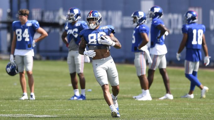 EAST RUTHERFORD, NEW JERSEY - AUGUST 21: Evan Engram #88 of the New York Giants runs drills during training camp at NY Giants Quest Diagnostics Training Center on August 21, 2020 in East Rutherford, New Jersey.