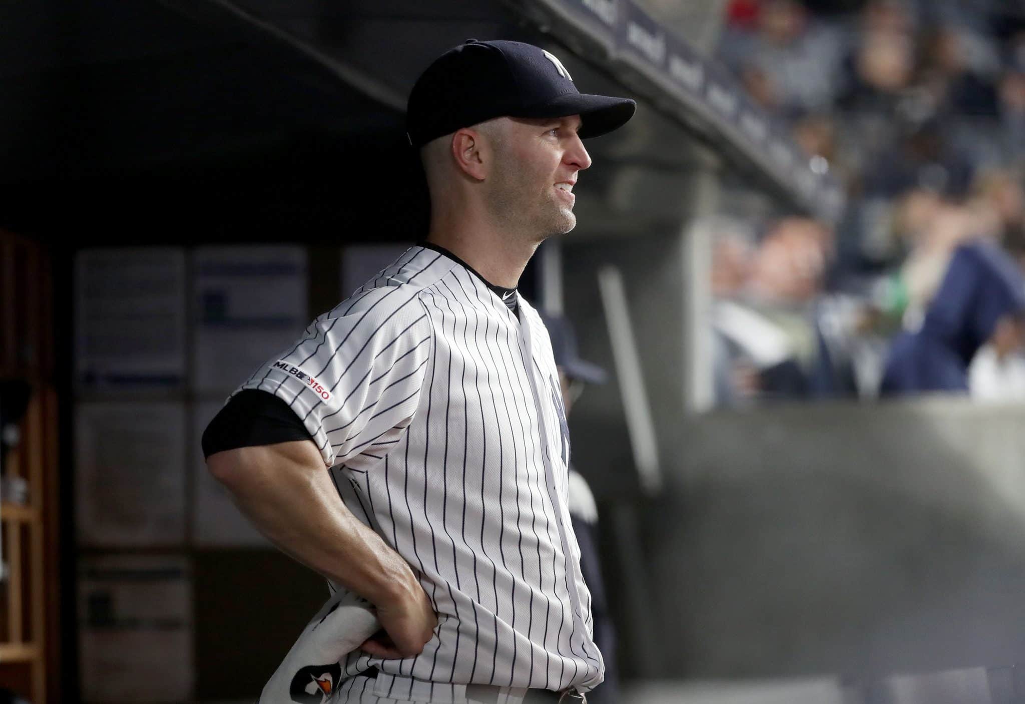 NEW YORK, NEW YORK - MAY 09: J.A. Happ #34 of the New York Yankees reacts in the dugout after he was pulled from the game in the sixth inning against the Seattle Mariners at Yankee Stadium on May 09, 2019 in the Bronx borough of New York City.