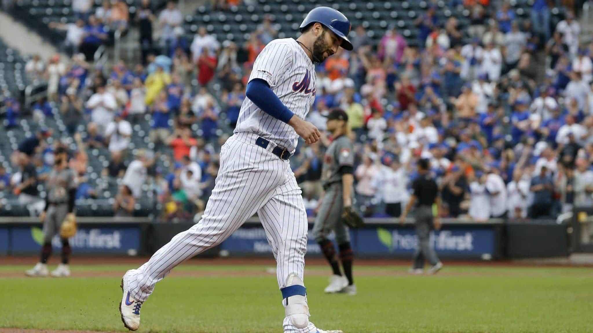 NEW YORK, NEW YORK - SEPTEMBER 12: Tomas Nido #3 of the New York Mets runs the bases after his fifth inning home run against Jimmie Sherfy #54 of the Arizona Diamondbacks at Citi Field on September 12, 2019 in New York City.
