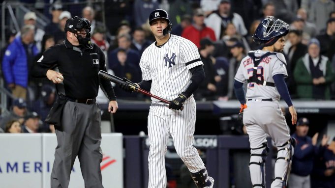 NEW YORK, NEW YORK - OCTOBER 17: Gary Sanchez #24 of the New York Yankees reacts after striking out against the Houston Astros during the first inning in game four of the American League Championship Series at Yankee Stadium on October 17, 2019 in New York City.