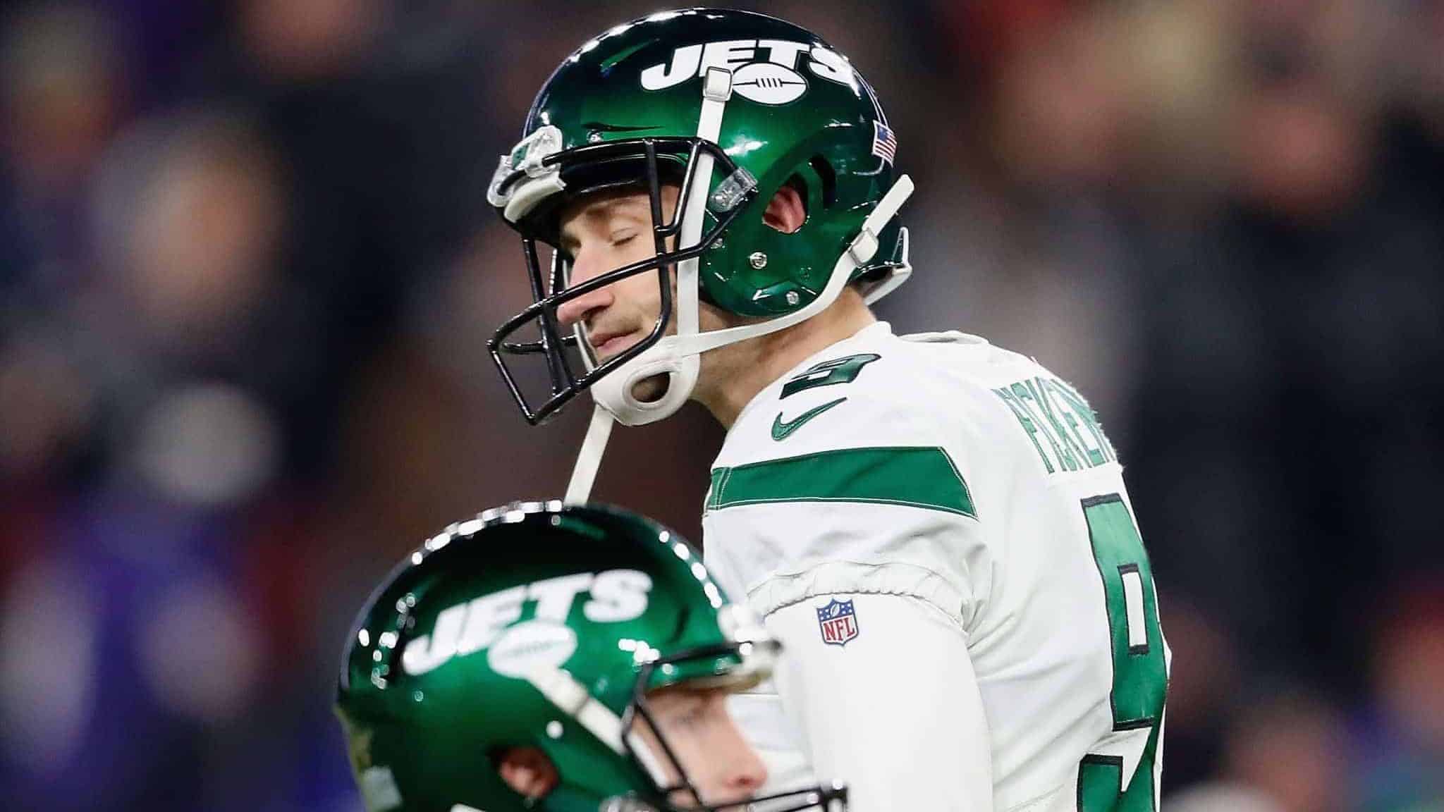 BALTIMORE, MARYLAND - DECEMBER 12: Kicker Sam Ficken #9 of the New York Jets misses an extra point during the game against the Baltimore Ravens at M&T Bank Stadium on December 12, 2019 in Baltimore, Maryland.