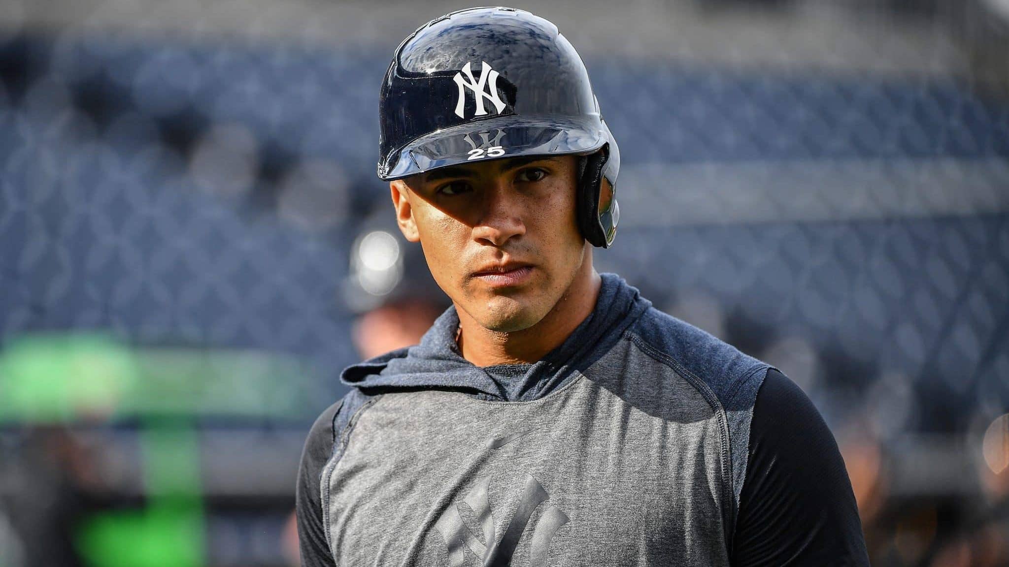 TAMPA, FLORIDA - FEBRUARY 24: Gleyber Torres #25 of the New York Yankees looks on during batting practice before the spring training game against the Pittsburgh Pirates at Steinbrenner Field on February 24, 2020 in Tampa, Florida.