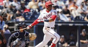 WEST PALM BEACH, FLORIDA - MARCH 12: Juan Soto #22 of the Washington Nationals at bat against the New York Yankees during a Grapefruit League spring training game at FITTEAM Ballpark of The Palm Beaches on March 12, 2020 in West Palm Beach, Florida.
