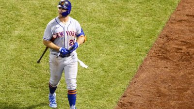 BOSTON, MA - JULY 27: Pete Alonso #20 of the New York Mets looks on in the fourth inning of a game against the Boston Red Sox at Fenway Park on July 27, 2020 in Boston, Massachusetts.