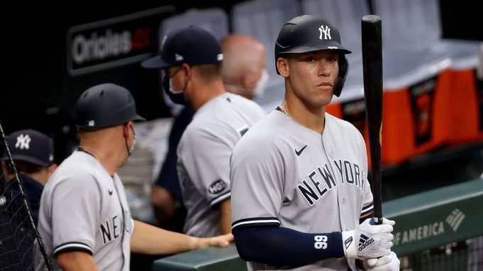 BALTIMORE, MARYLAND - JULY 30: Aaron Judge #99 of the New York Yankees waits to hit against the Baltimore Orioles in the ninth inning at Oriole Park at Camden Yards on July 30, 2020 in Baltimore, Maryland.