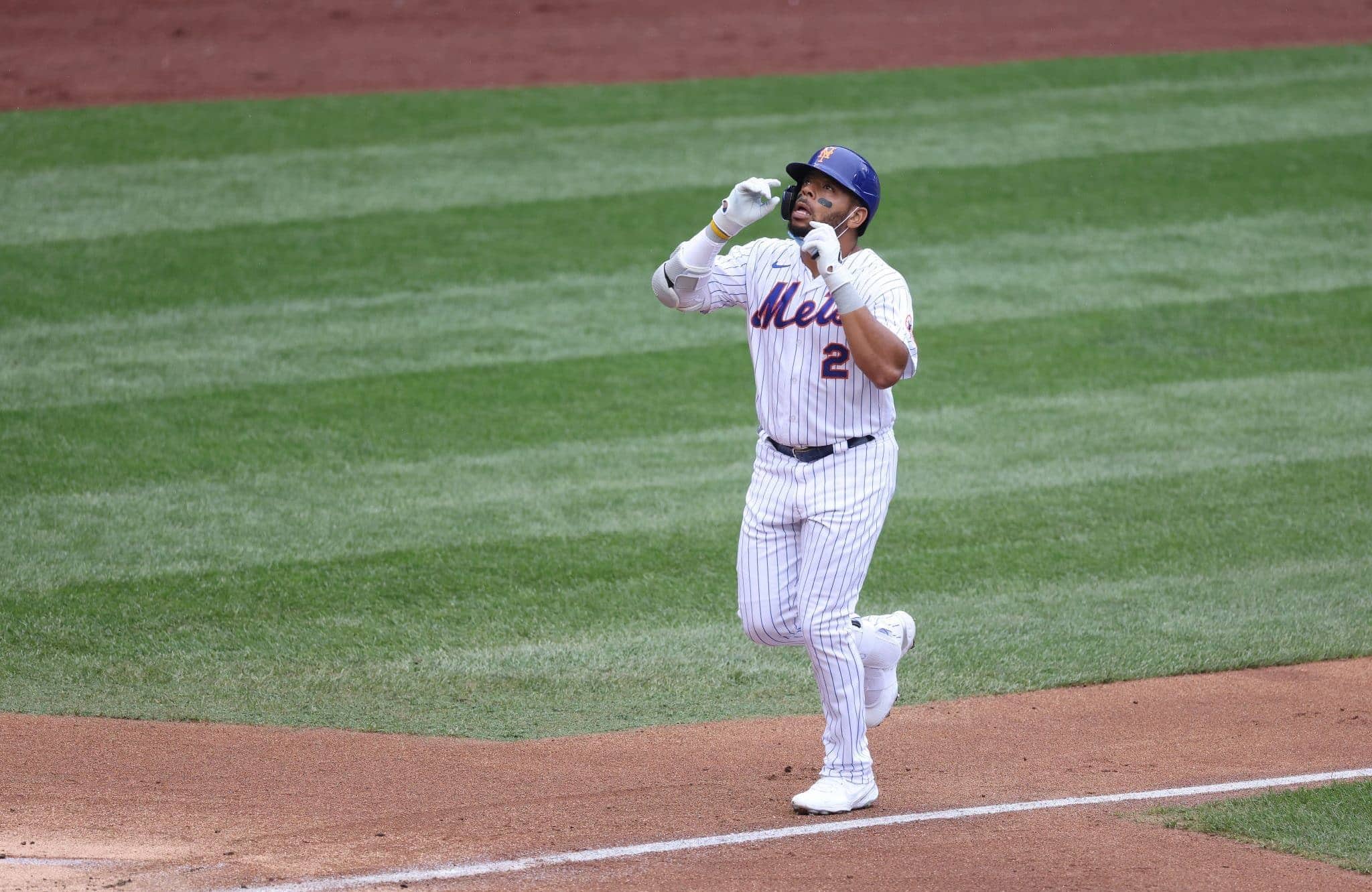 NEW YORK, NEW YORK - AUGUST 13: Dominic Smith #2 of the New York Mets celebrates his second inning home run against Austin Voth #50 of the Washington Nationals during their game at Citi Field on August 13, 2020 in New York City.
