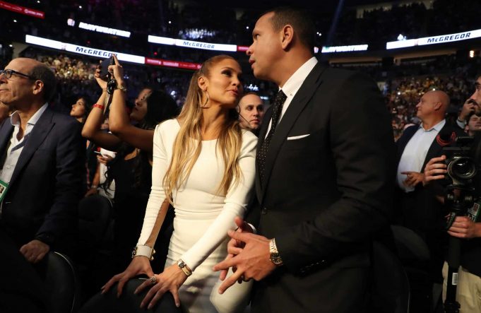 LAS VEGAS, NV - AUGUST 26: Actress Jennifer Lopez and former MLB player Alex Rodriguez attend the super welterweight boxing match between Floyd Mayweather Jr. and Conor McGregor on August 26, 2017 at T-Mobile Arena in Las Vegas, Nevada. New York Mets