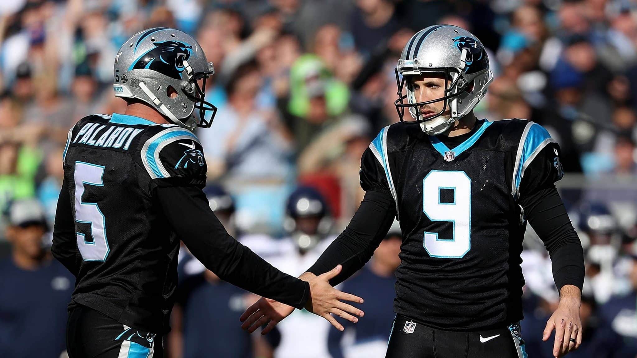 CHARLOTTE, NC - NOVEMBER 25: Graham Gano #9 and teammate Michael Palardy #5 of the Carolina Panthers react after a field goal against the Seattle Seahawks in the second quarter during their game at Bank of America Stadium on November 25, 2018 in Charlotte, North Carolina.