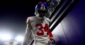 FOXBOROUGH, MASSACHUSETTS - OCTOBER 10: Grant Haley #34 of the New York Giants walks back to the locker room prior to the game against the New England Patriots at Gillette Stadium on October 10, 2019 in Foxborough, Massachusetts.