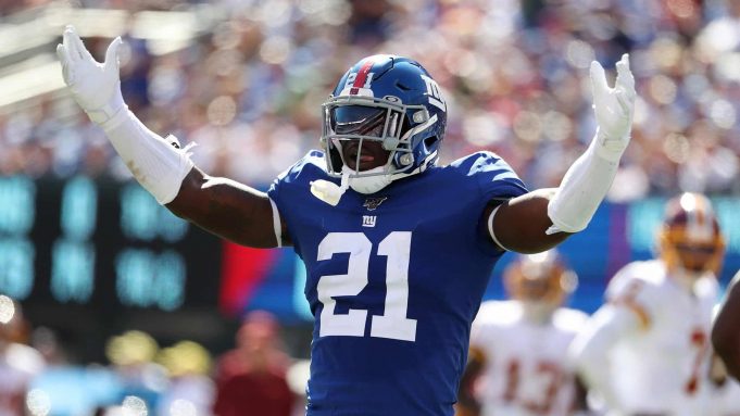 EAST RUTHERFORD, NEW JERSEY - SEPTEMBER 29: Jabrill Peppers #21 of the New York Giants celebrates after breaking up a touchdown catch against Jeremy Sprinkle #87 of the Washington Redskins during their game at MetLife Stadium on September 29, 2019 in East Rutherford, New Jersey.