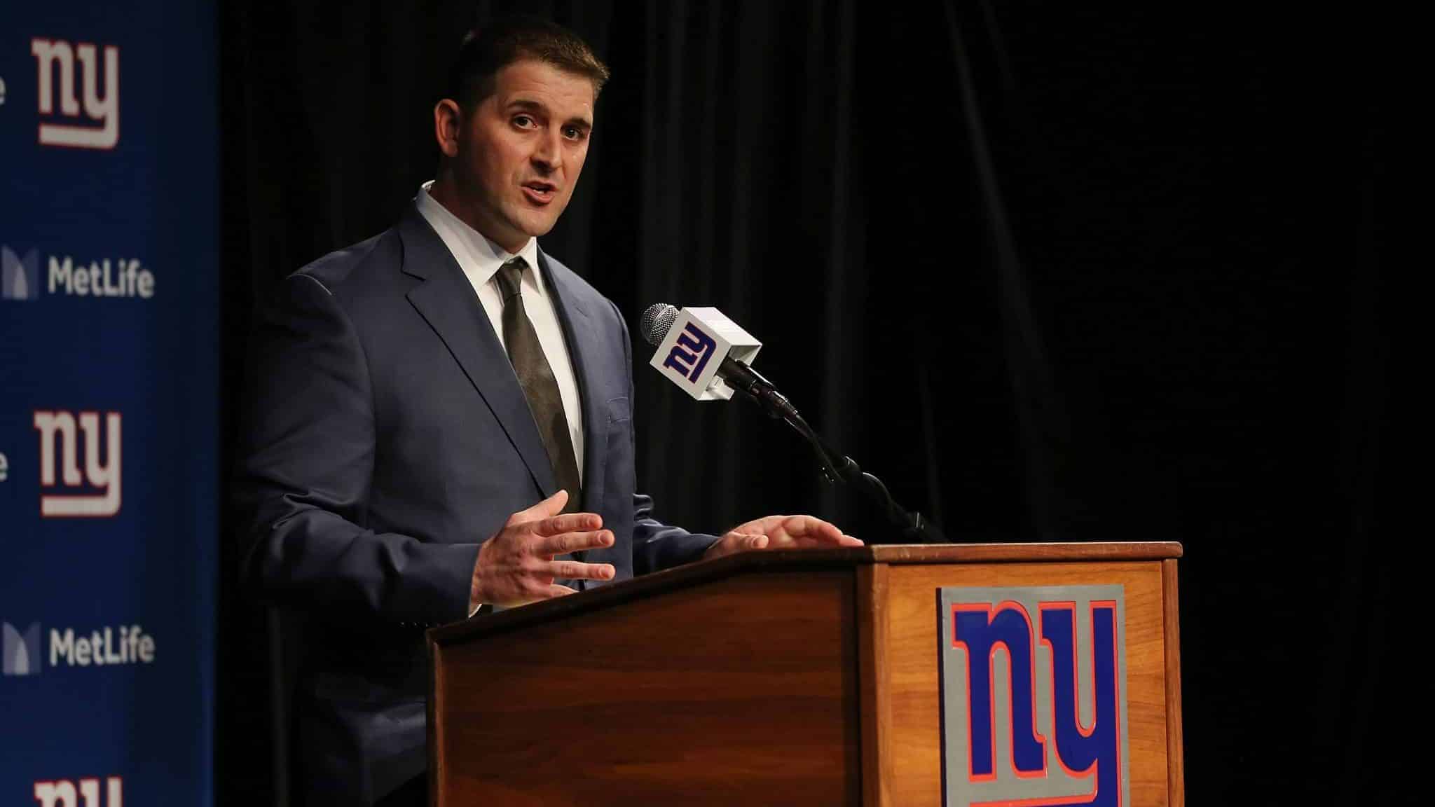 EAST RUTHERFORD, NJ - JANUARY 09: Joe Judge talks to the media after he was introduced as the new head coach of the New York Giants during a news conference at MetLife Stadium on January 9, 2020 in East Rutherford, New Jersey.