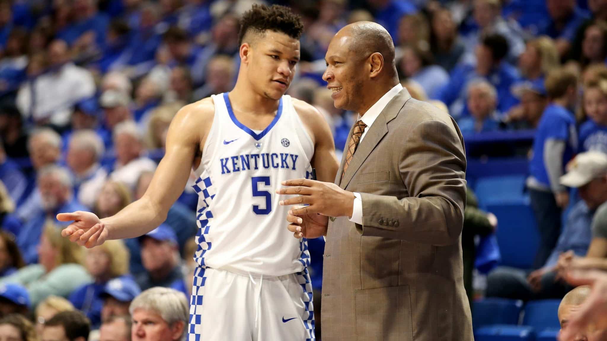 LEXINGTON, KY - FEBRUARY 28: Assistant coach Kenny Payne, talks with Kevin Knox #5 of the Kentucky Wildcats during the game against the Ole Miss Rebels at Rupp Arena on February 28, 2018 in Lexington, Kentucky.