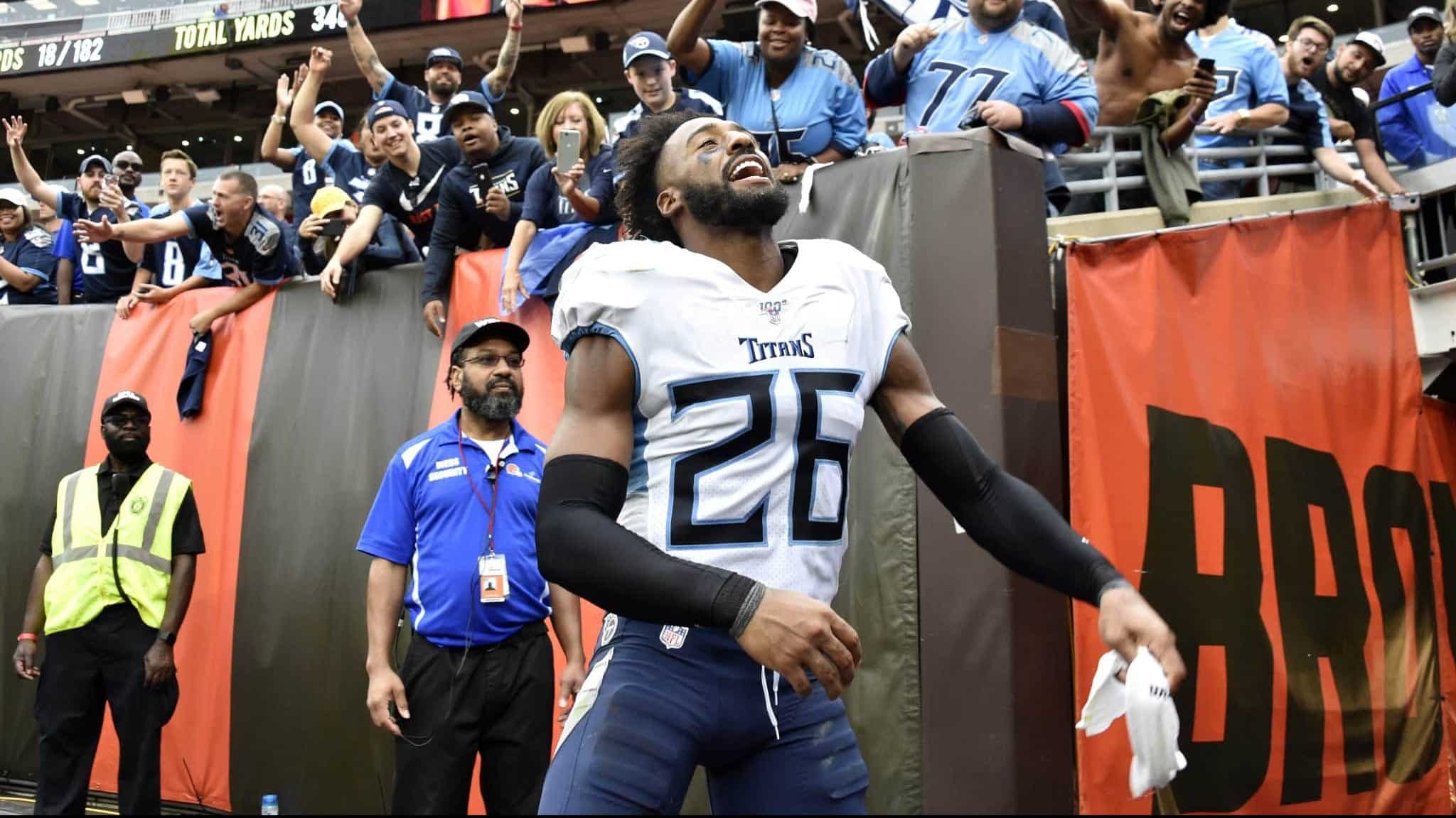 CLEVELAND, OHIO - SEPTEMBER 08: Cornerback Logan Ryan #26 of the Tennessee Titans celebrates after the Titans defeated the Cleveland Browns at FirstEnergy Stadium on September 08, 2019 in Cleveland, Ohio. The Titans defeated the Browns 43-13.