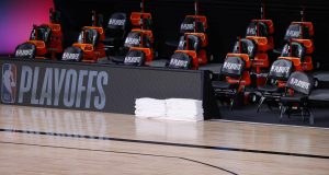LAKE BUENA VISTA, FLORIDA - AUGUST 26: Benches sit empty at game time of a scheduled game between the Milwaukee Bucks and the Orlando Magic for Game Five of the Eastern Conference First Round during the 2020 NBA Playoffs at AdventHealth Arena at ESPN Wide World Of Sports Complex on August 26, 2020 in Lake Buena Vista, Florida. NOTE TO USER: User expressly acknowledges and agrees that, by downloading and or using this photograph, User is consenting to the terms and conditions of the Getty Images License Agreement.