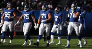 EAST RUTHERFORD, NEW JERSEY - DECEMBER 15: Nick Gates #65, Jon Halapio #75, Will Hernandez #71, and Nate Solder #76 of the New York Giants line up against the Miami Dolphins during their game at MetLife Stadium on December 15, 2019 in East Rutherford, New Jersey.