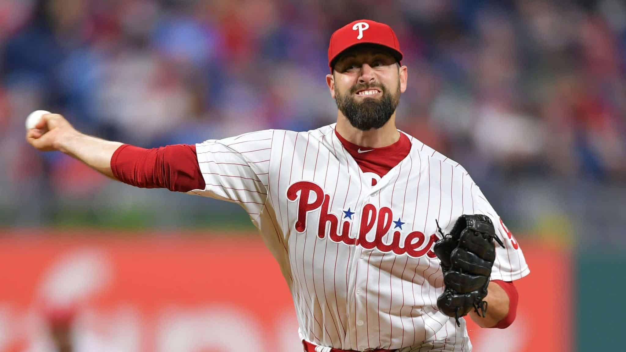 PHILADELPHIA, PA - MAY 03: Pat Neshek #93 of the Philadelphia Phillies delivers a pitch in the eighth inning against the Washington Nationals at Citizens Bank Park on May 3, 2019 in Philadelphia, Pennsylvania.